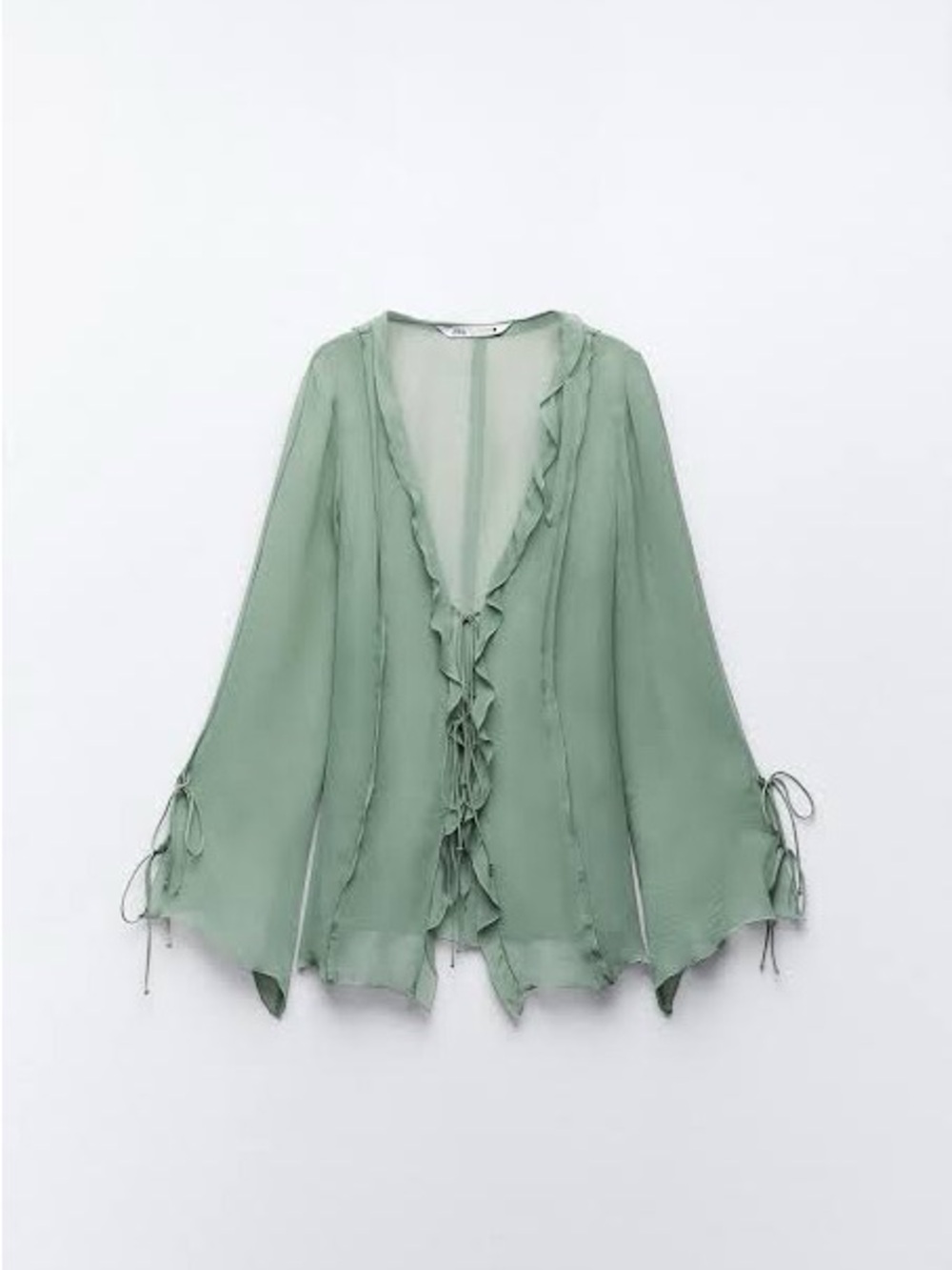 Zara Sheer Ruffle Tie-Front Blouse in Sage Green XL